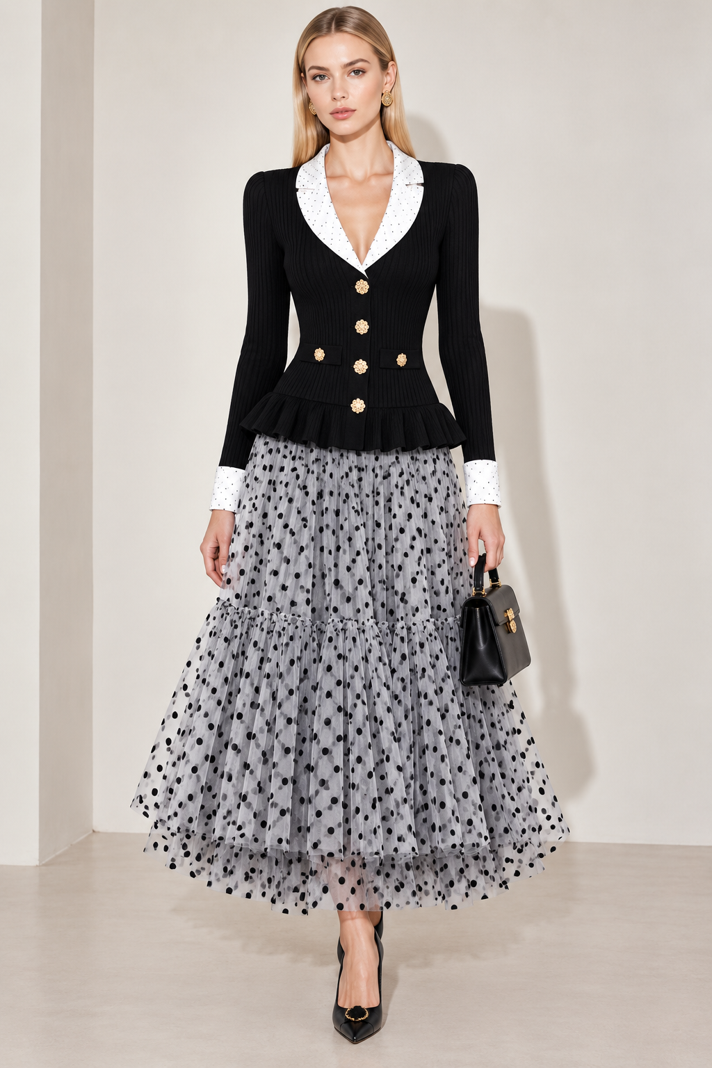 Black Ribbed Knit &amp; Polka Dot Tulle Dress-Pre order