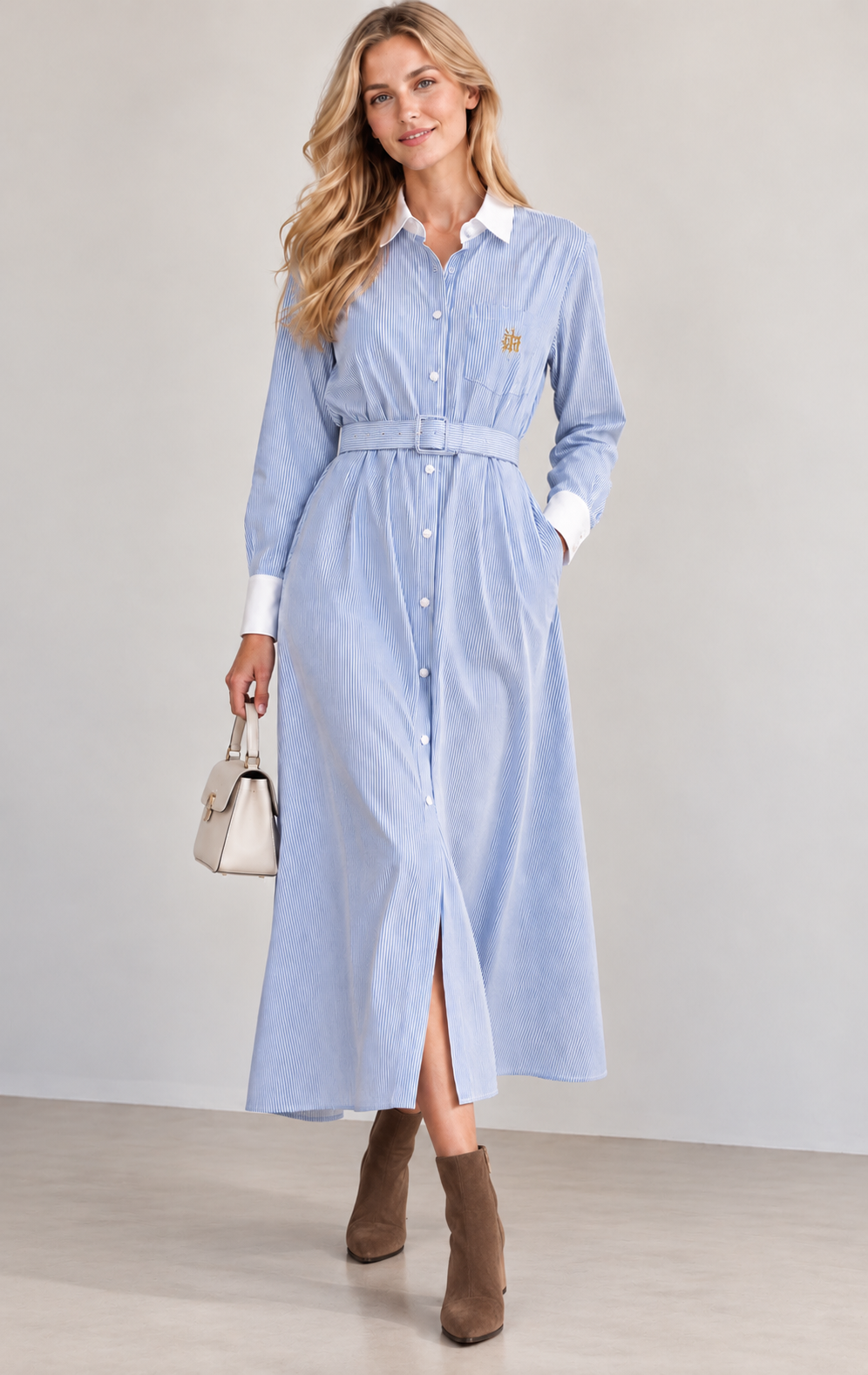 Blue Stripe Cotton Shirt Dress