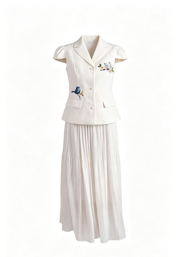 Aviary Blanc Embroidered Pleated Midi Skirt Set