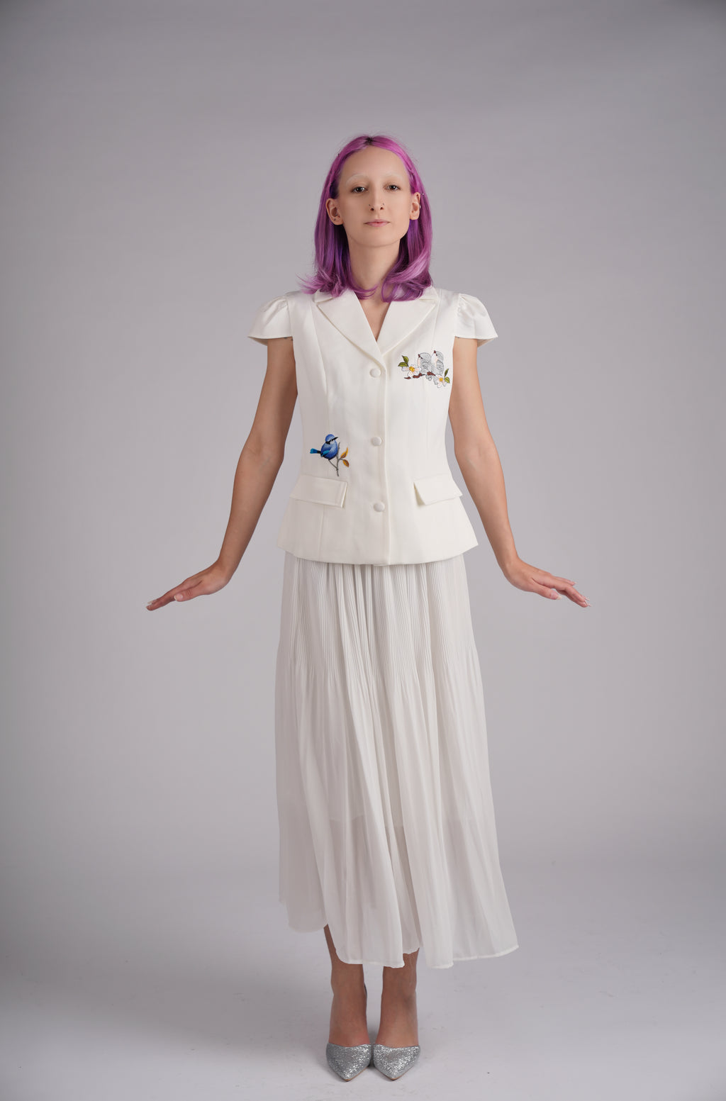 Aviary Blanc Embroidered Pleated Midi Skirt Set