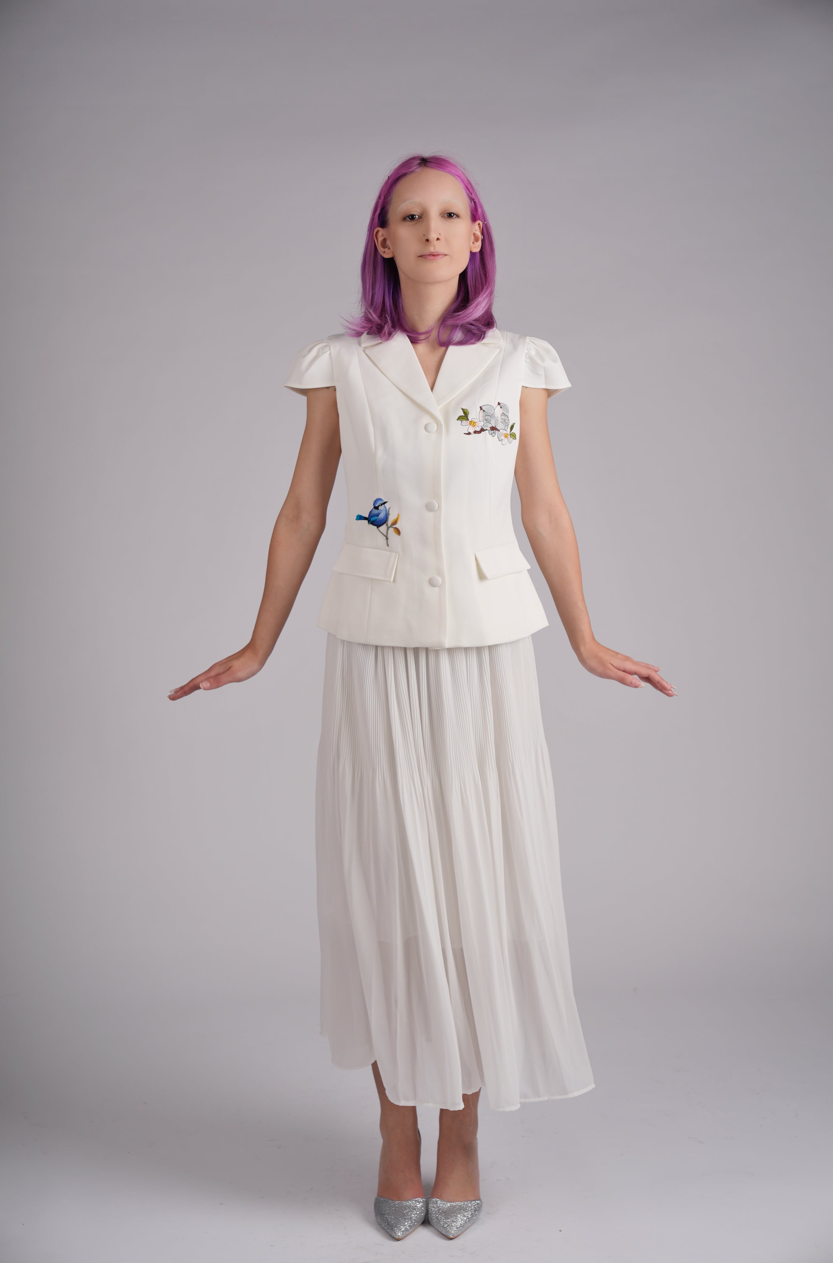 Aviary Blanc Embroidered Pleated Midi Skirt Set