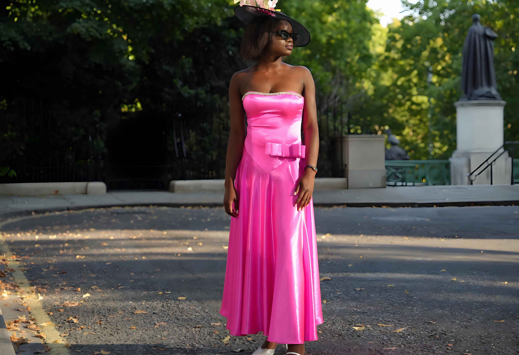 Pink Crystal Bow Satin Maxi Wedding Guest Dress.
