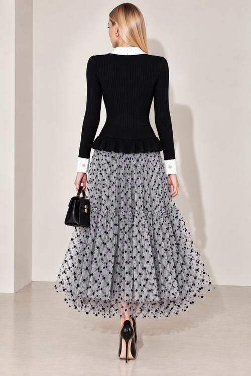 Black Ribbed Knit &amp; Polka Dot Tulle Dress-Pre order